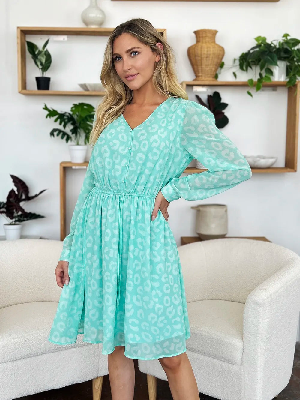 Double Take Full Size Printed Ruched V-Neck Long Sleeve Dress - Draped in Grace