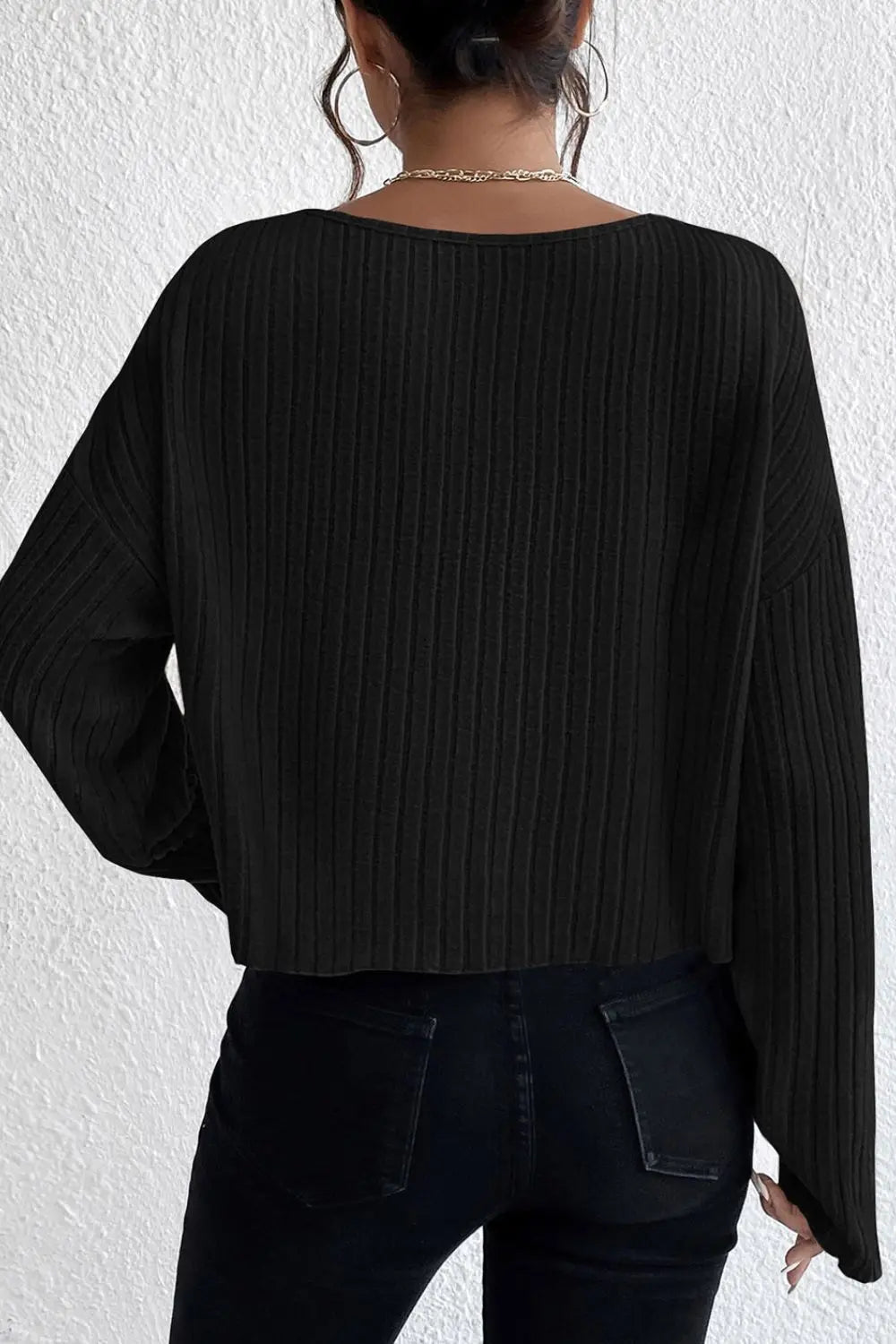 Ribbed Round Neck Drop Shoulder Long Sleeve Top - Draped in Grace