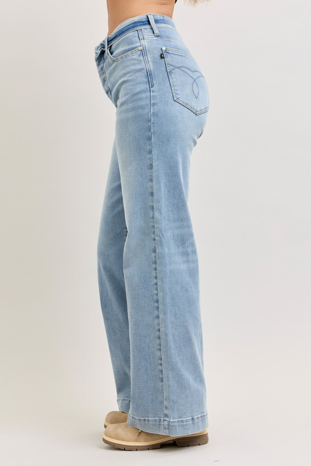 Judy Blue Mid Rise Retro Wide Leg Jeans with Fold-over Waistband - Draped in Grace