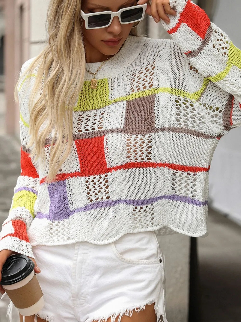 Openwork Color Block Round Neck Sweater - Draped in Grace