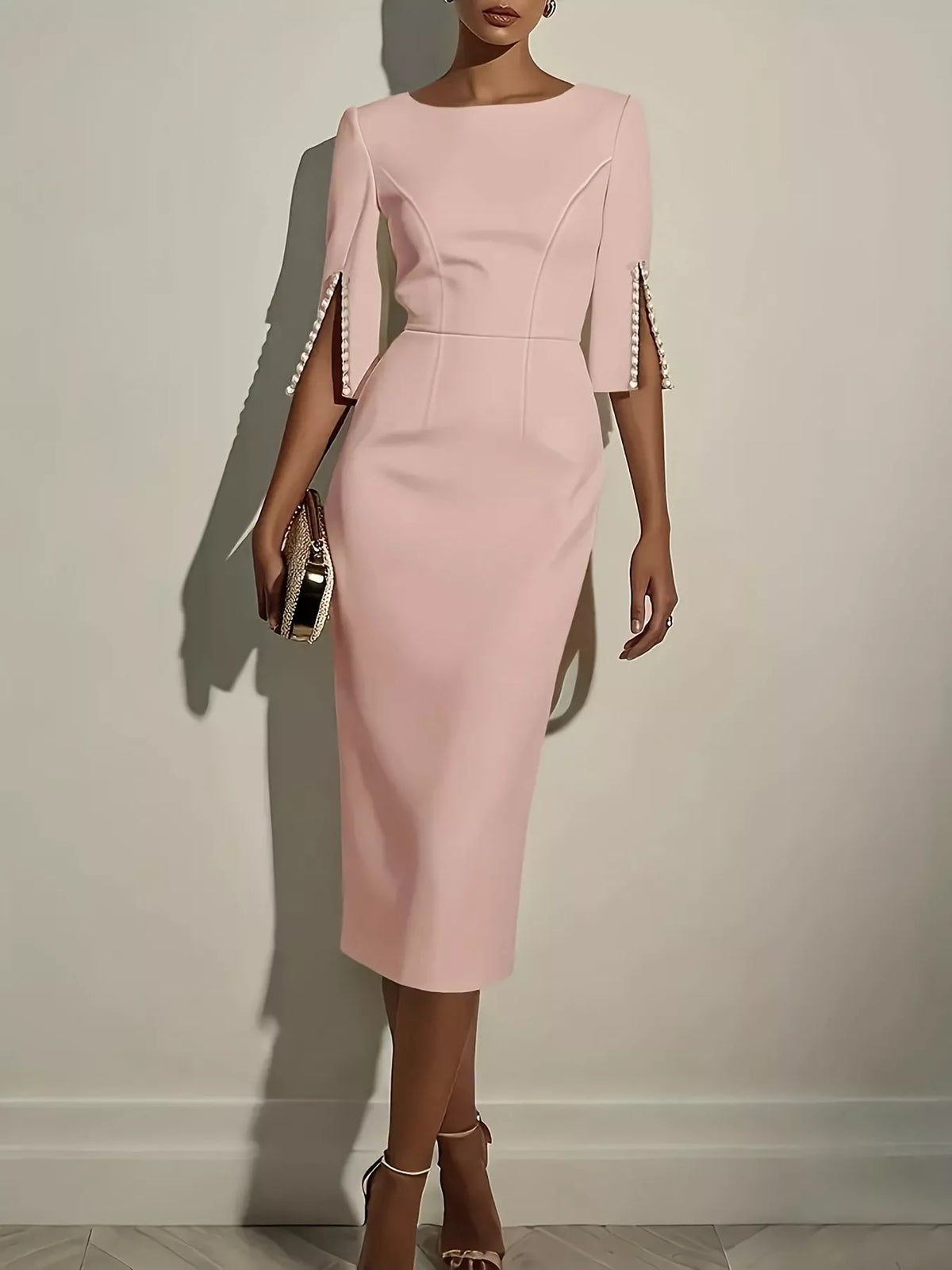 Slim-Fit Elegant Midi Dress with Beaded Slit Sleeve - Draped in Grace