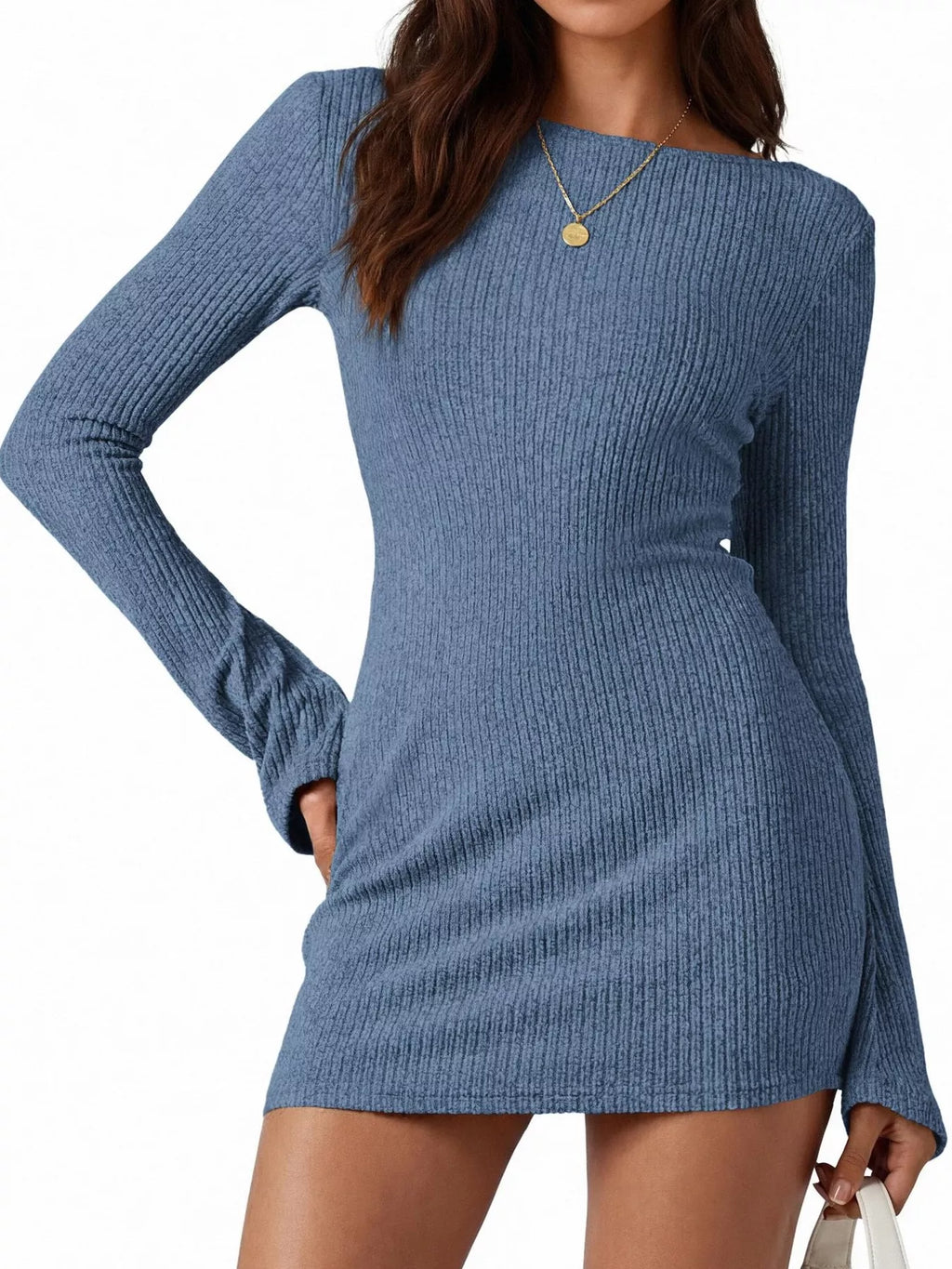 Ribbed Knit Long Sleeve Slim Fit Sweater Dress - Draped in Grace