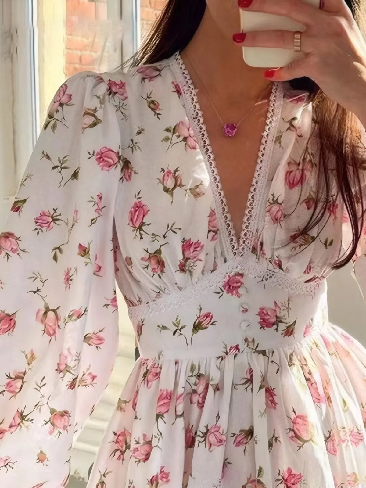Full Size Floral Print Lace Detail V-Neck Mini Dress Plus SIze - Draped in Grace