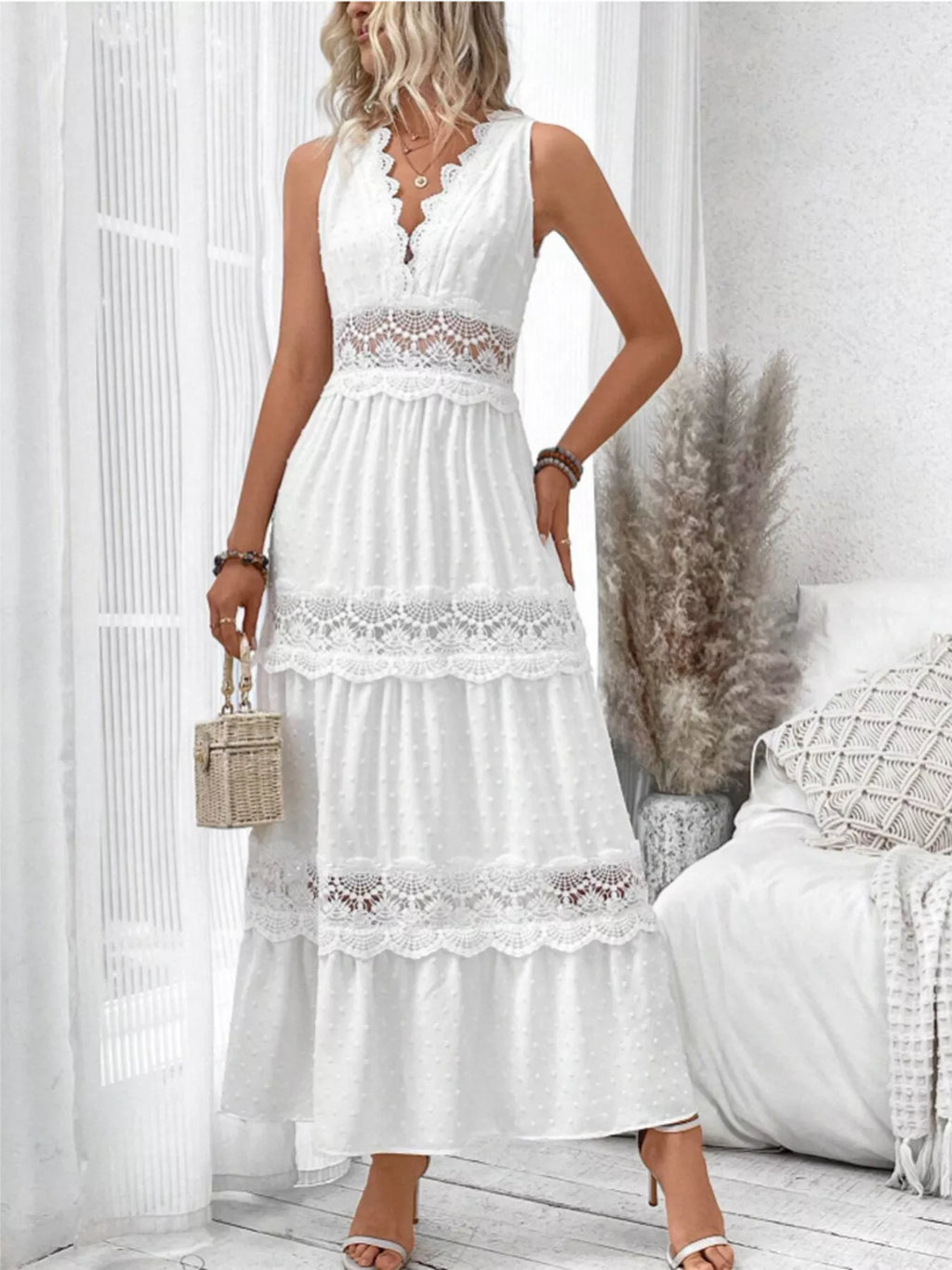 Full Size Lace Detail Tie Back Sleeveless Tiered Dress Plus Size - Draped in Grace