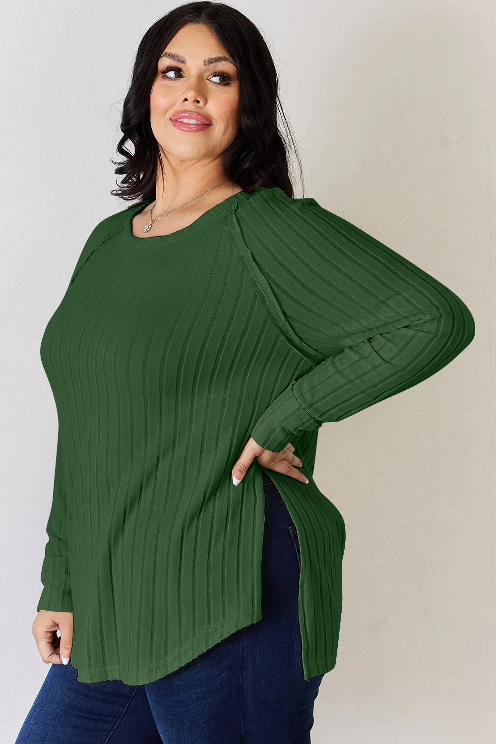 Basic Bae Full Size Ribbed Round Neck Slit T-Shirt - Draped in Grace