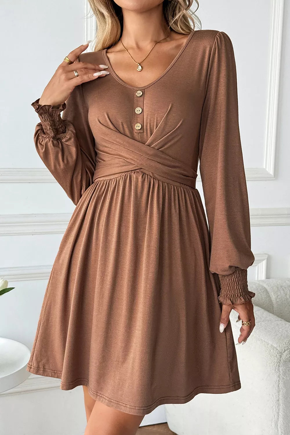 Shirred Cuff Long Sleeve Button Round Neck Mini Dress - Draped in Grace