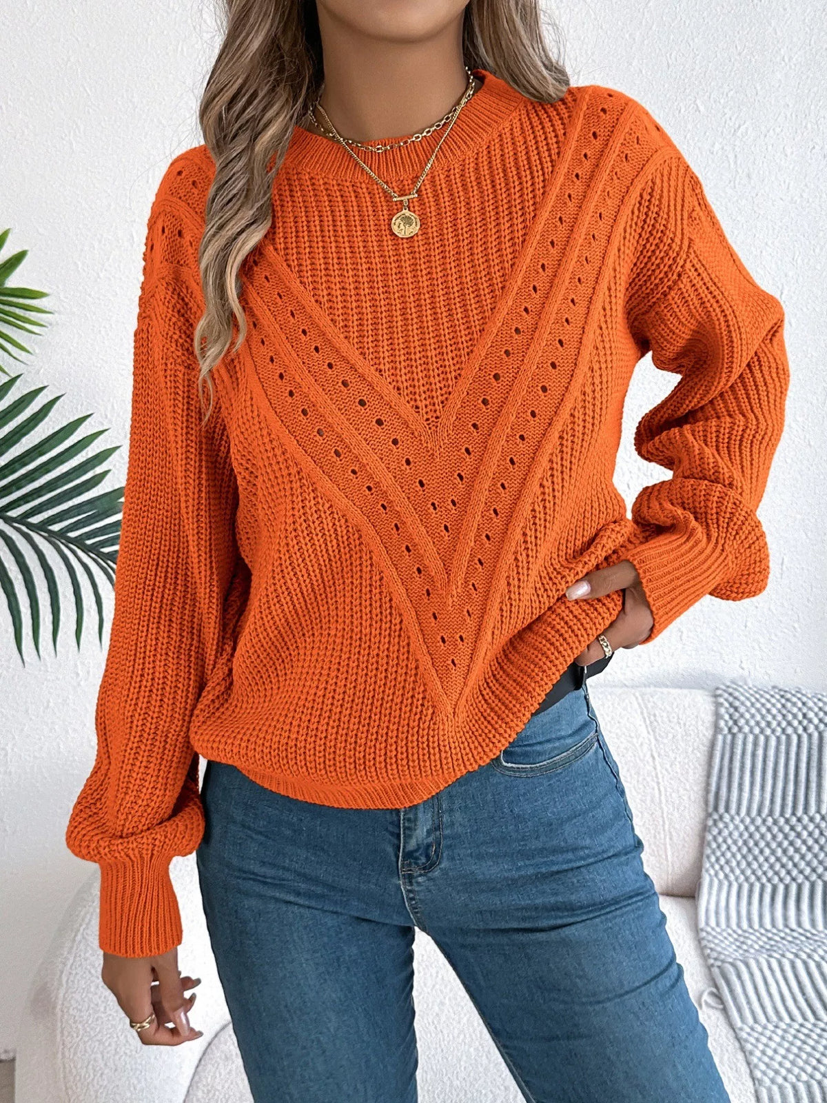 Openwork Round Neck Sweater - Draped in Grace