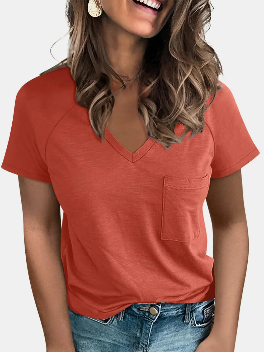 Pocketed V-Neck Short Sleeve T-Shirt - Draped in Grace