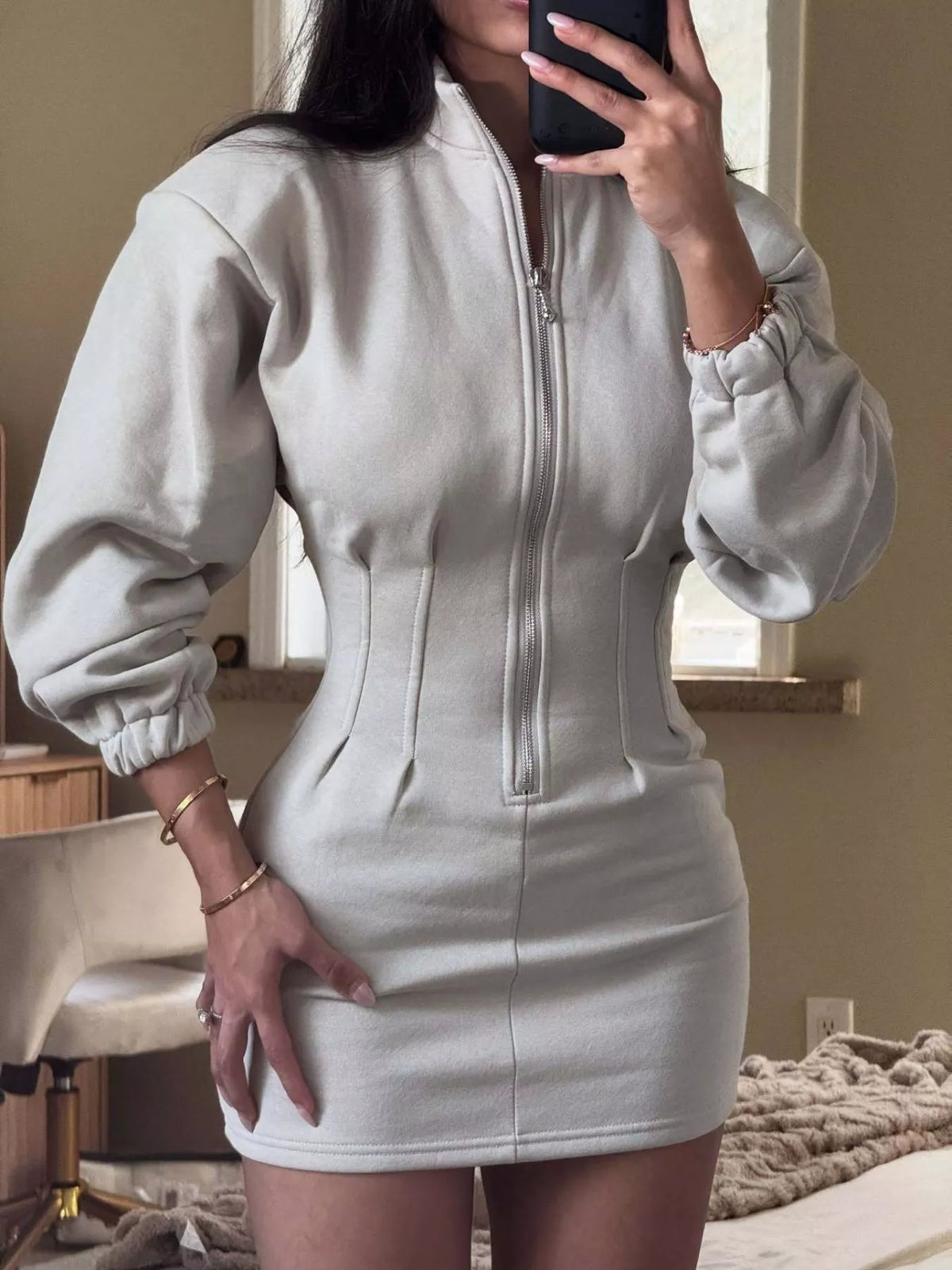 Casual Zip-Up Long Sleeve Mini Dress - Draped in Grace