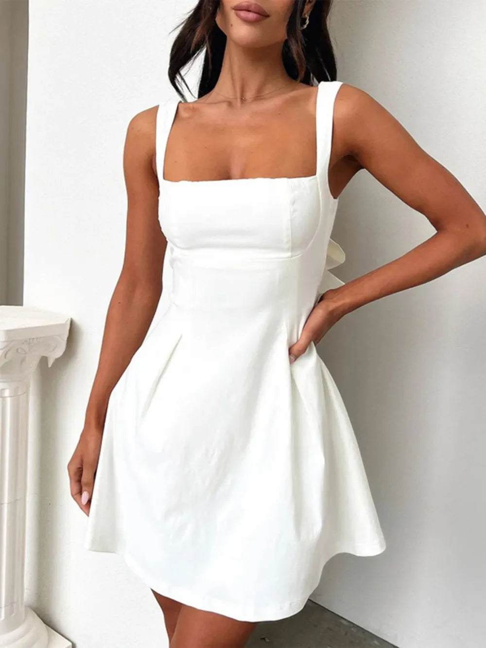 Devine Bow Back Square Neck Mini Dress - Draped in Grace