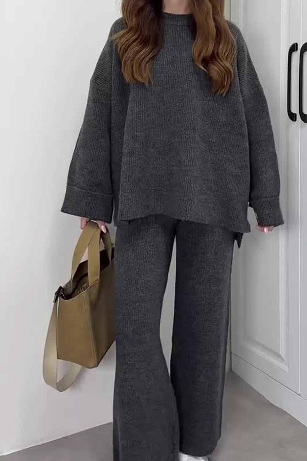 Dropped Shoulder Knit Sweater and Wide Leg Pants Set - Draped in Grace