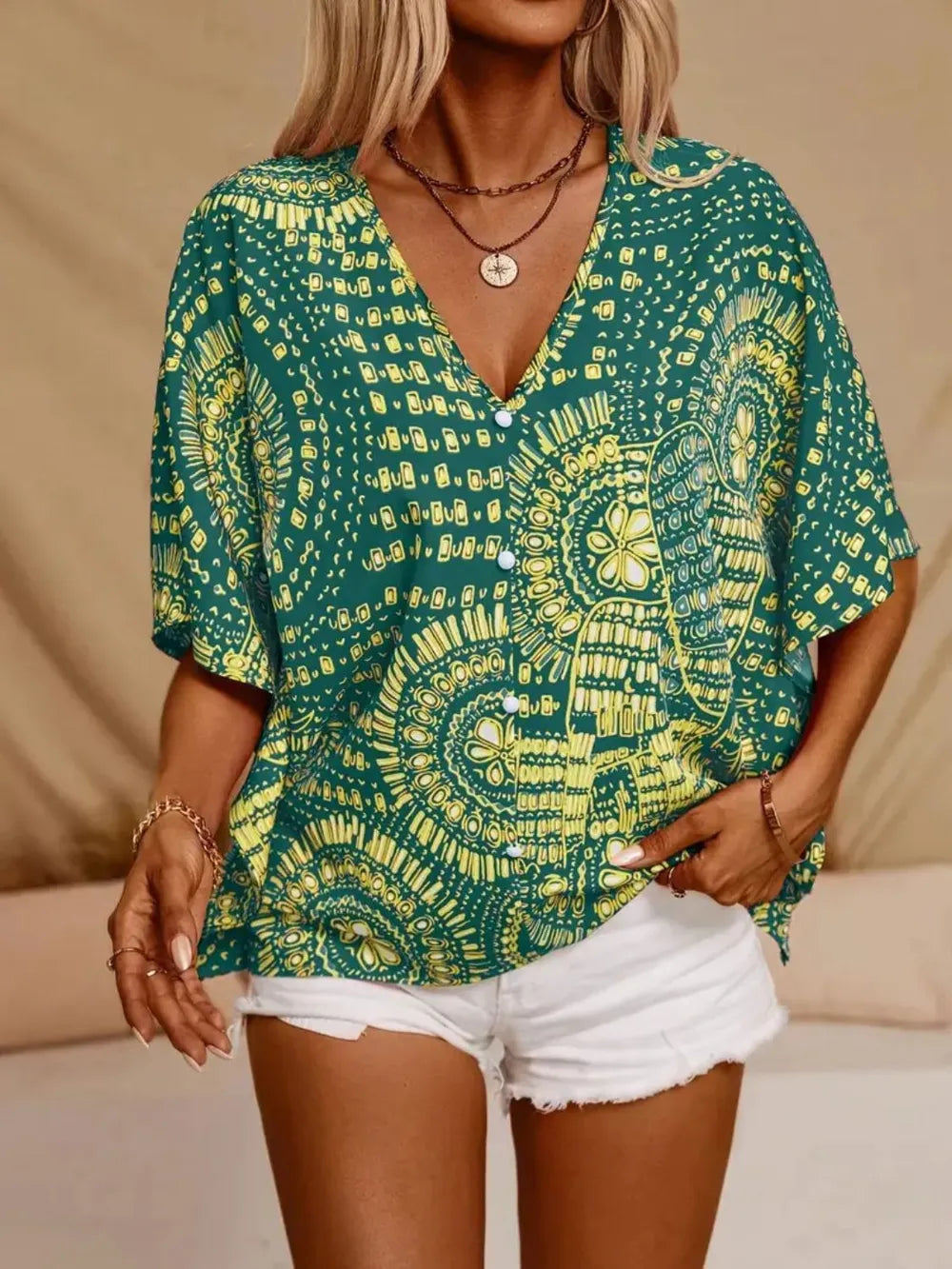 Printed V-Neck Half Sleeve Top - Draped in Grace