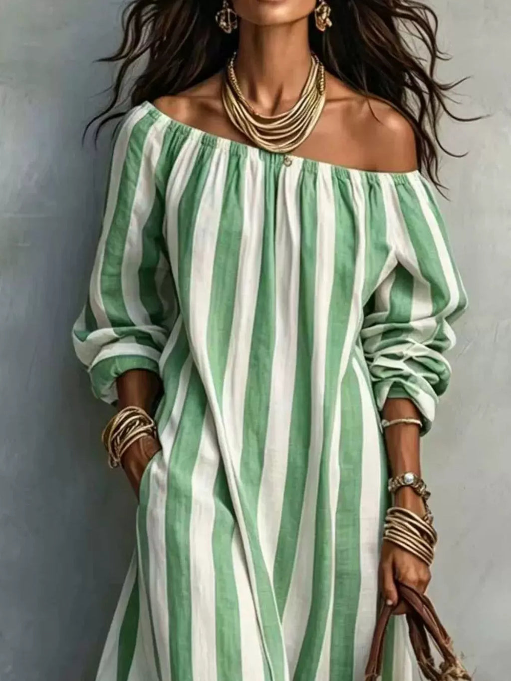 Off-Shoulder Striped Dress with Pockets - Draped in Grace