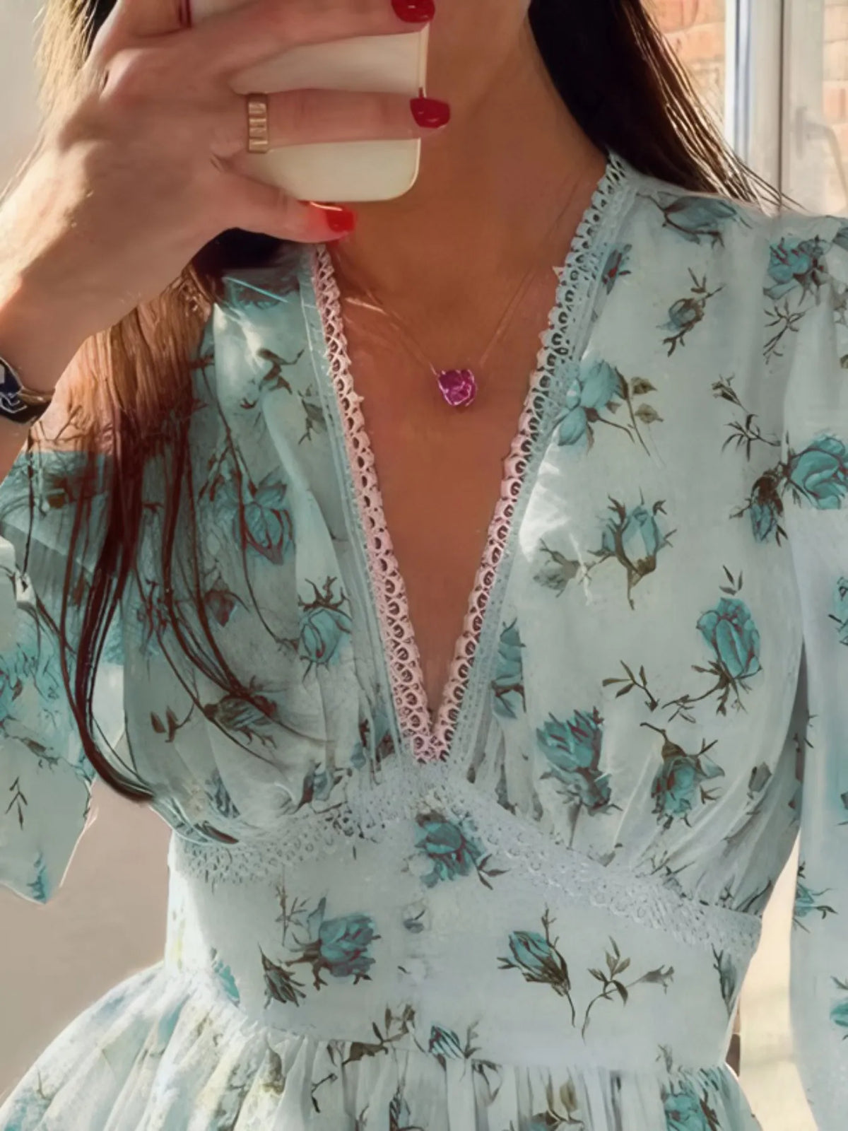 Full Size Floral Print Lace Detail V-Neck Mini Dress Plus SIze - Draped in Grace