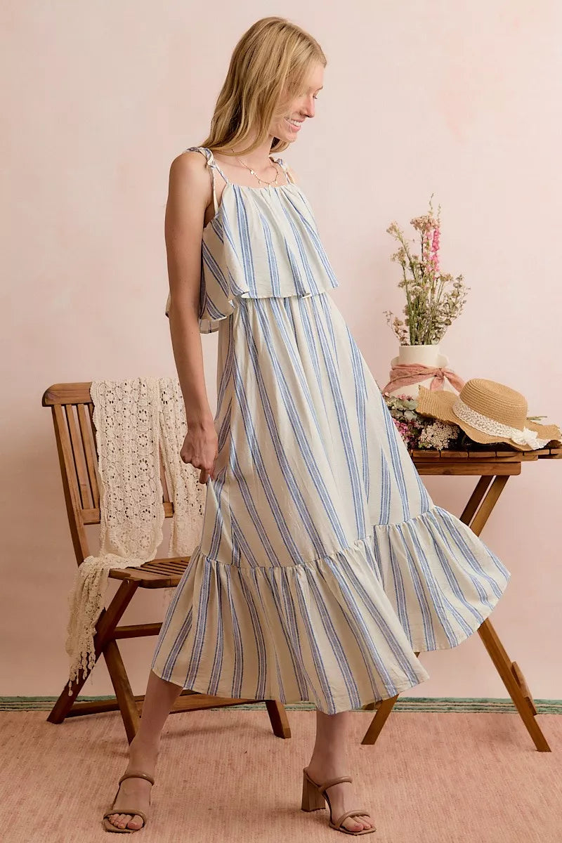 SO ME Stripe Tiered Shoulder Tie Midi Lined Dress - Draped in Grace