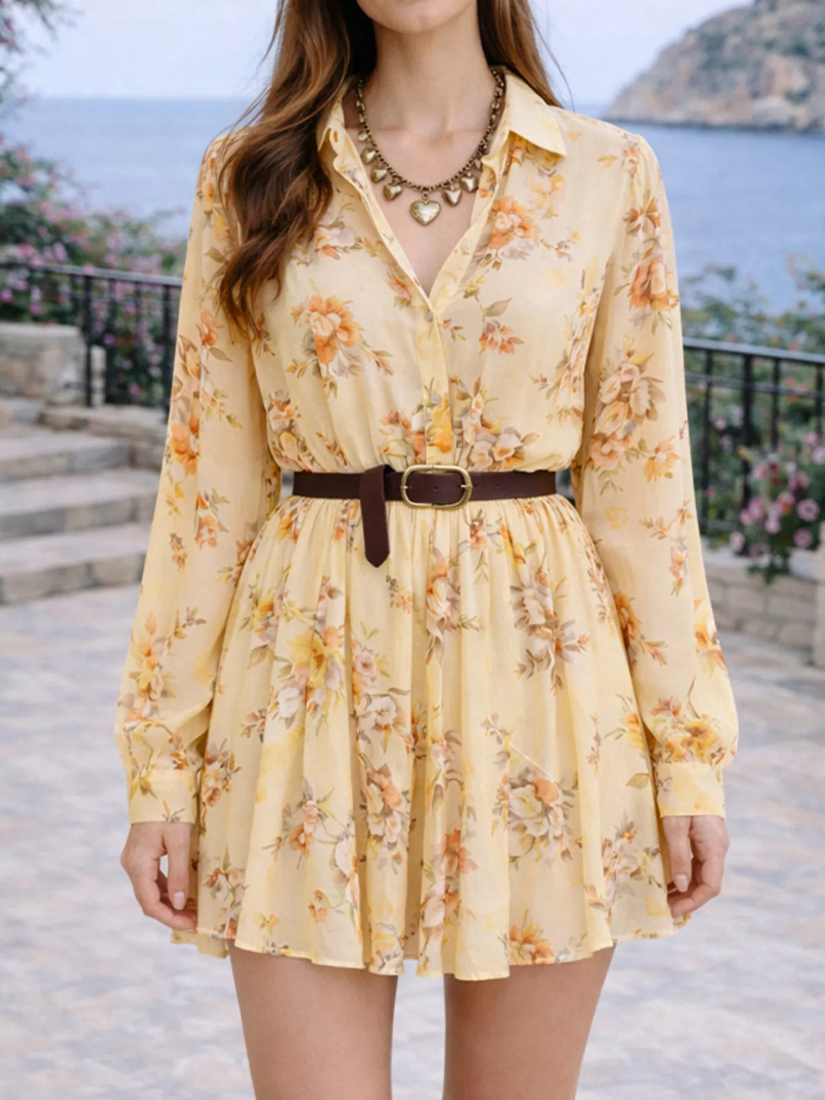 Full Size Floral Print Long Sleeve Shirt Dress Plus Size - Draped in Grace
