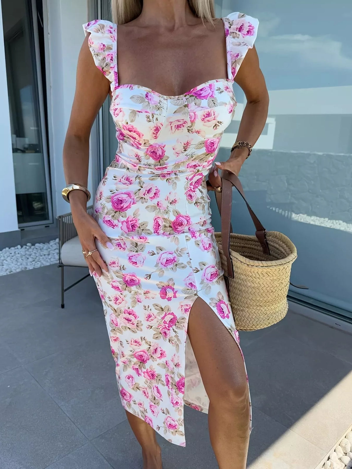 Slit Sweetheart Neck Midi Dress - Draped in Grace