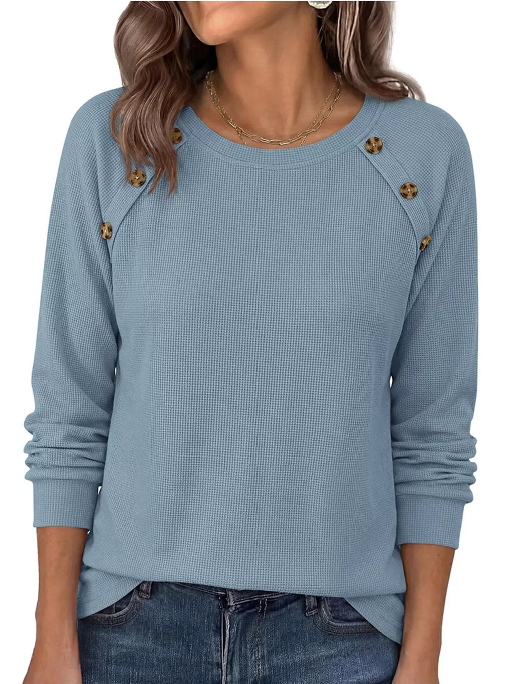 Decorative Button Waffle Knit Long Sleeve T-Shirt - Draped in Grace