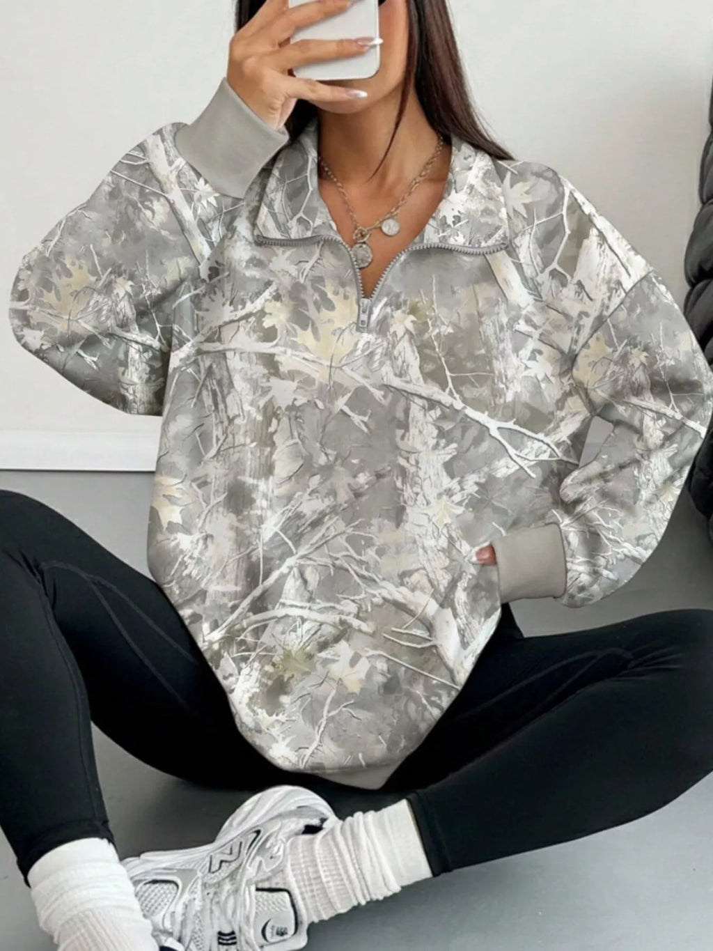 Quarter-Zip Printed Sweatshirt with Ribbed Cuffs - Draped in Grace