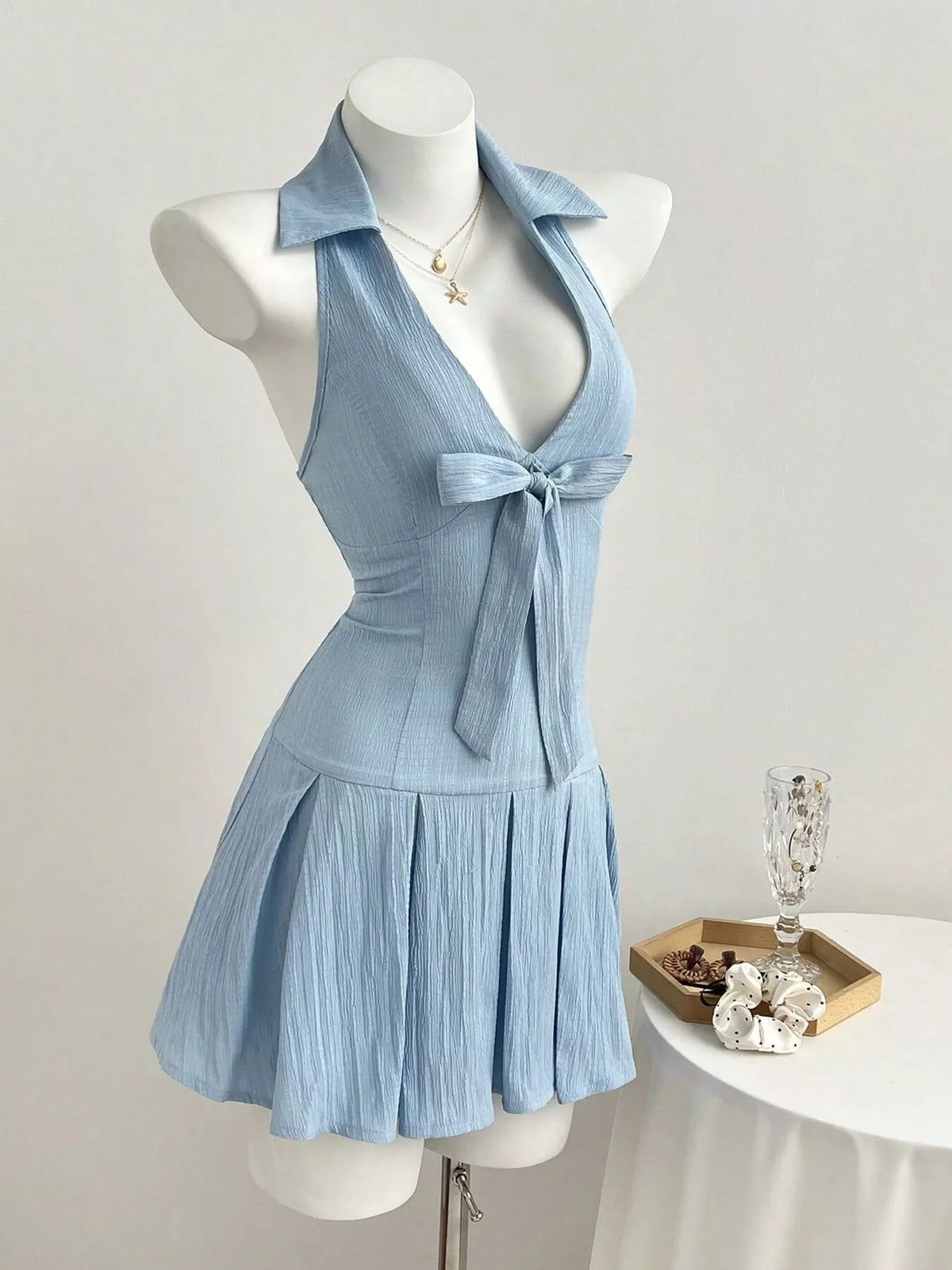 Halter Neck Bow Tie Pleated Mini Dress - Draped in Grace