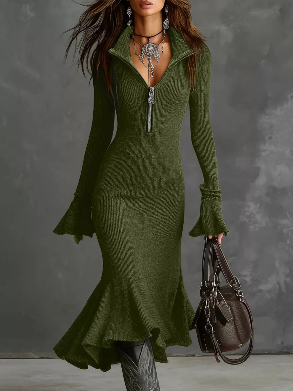 Full Size Quarter-Zip Mermaid Hem Knit Dress Plus Size - Draped in Grace
