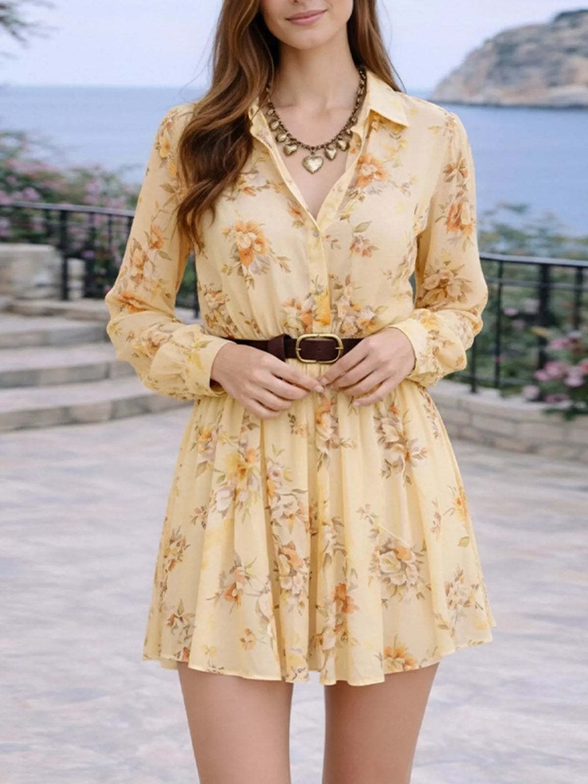 Full Size Floral Print Long Sleeve Shirt Dress Plus Size - Draped in Grace