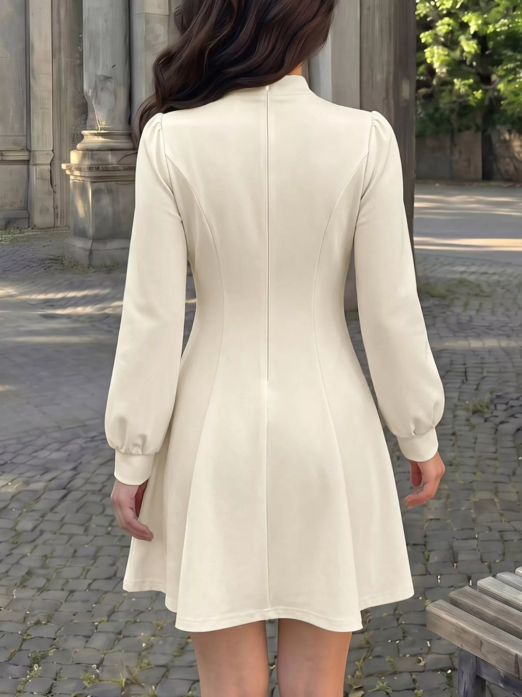 Keyhole Neckline Long Sleeve A-Line Mini Dress - Draped in Grace