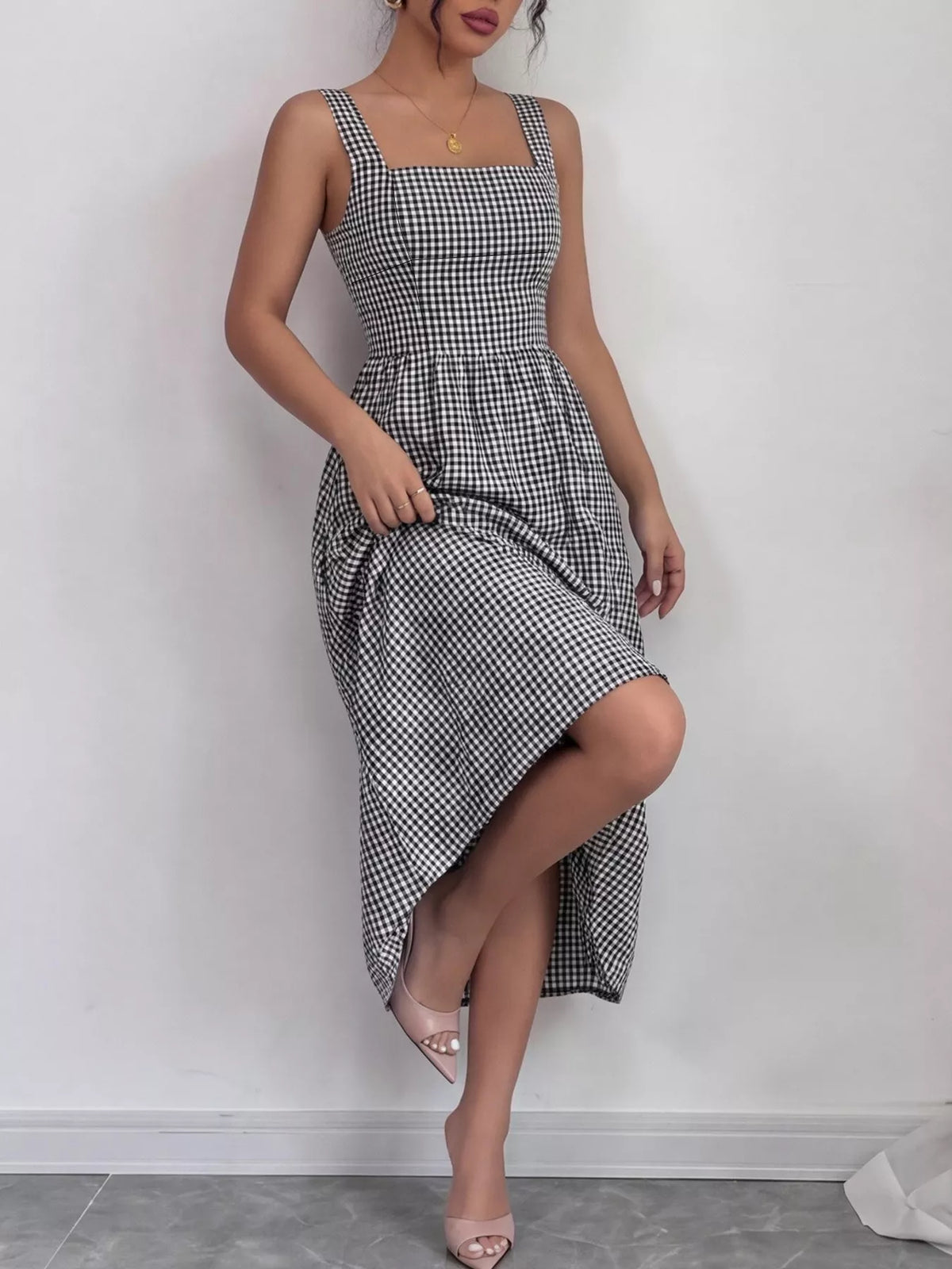 Square Neck Gingham Midi Dress - Draped in Grace