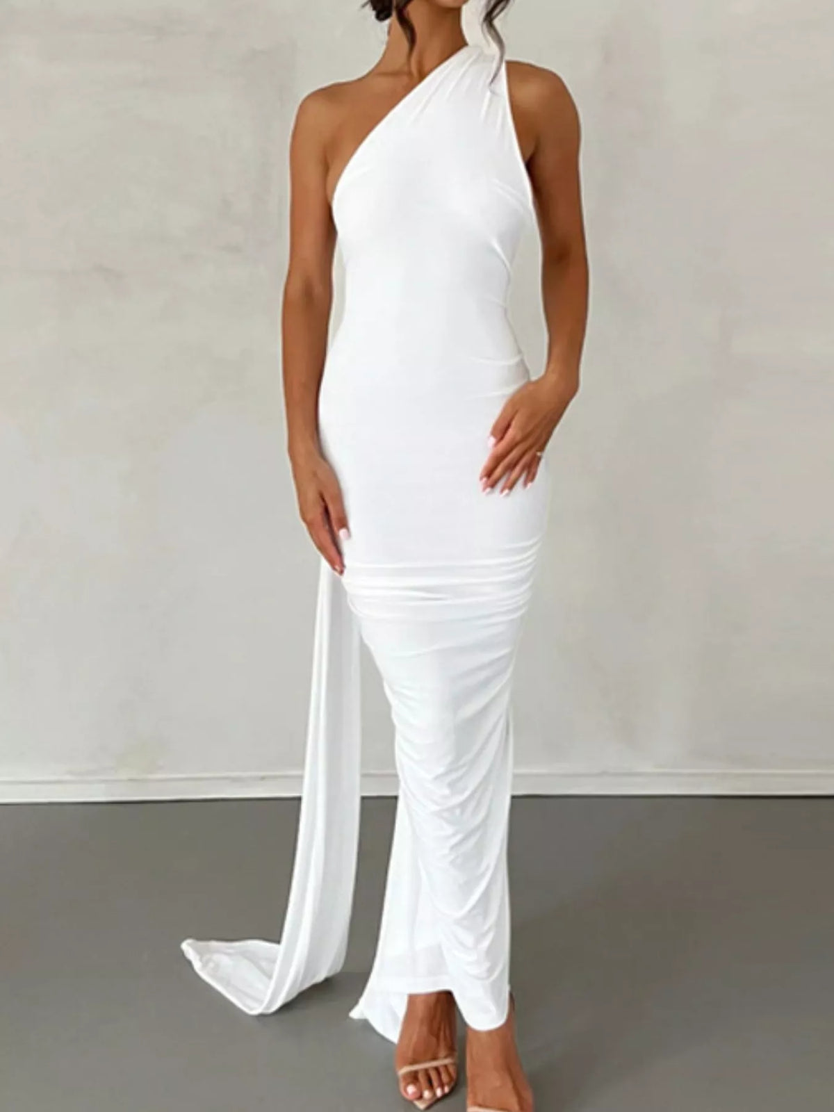 Backless One-Shoulder Ruched Bodycon Maxi Dress - Draped in Grace