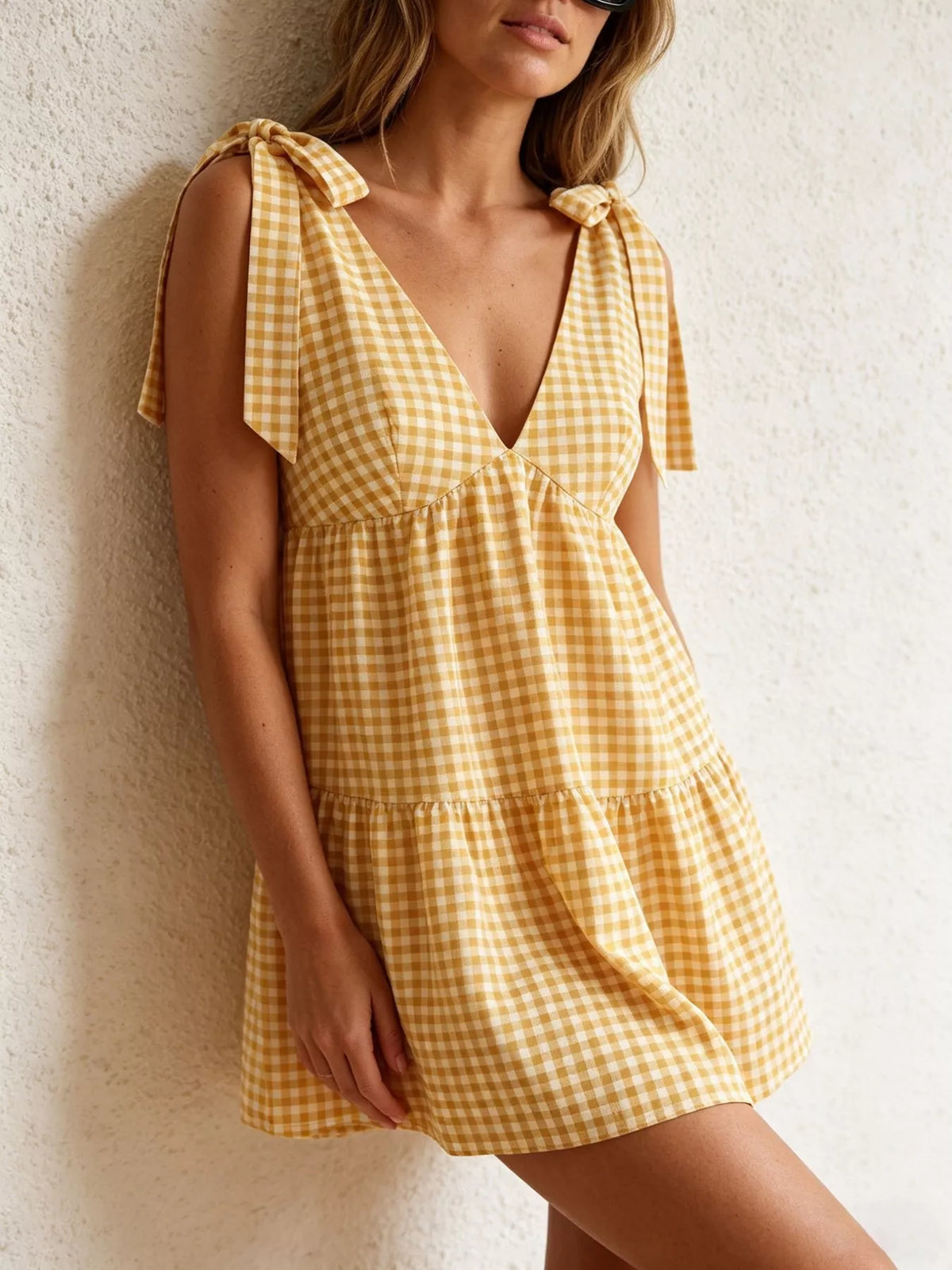 Gingham Tie-Shoulder Mini Dress - Draped in Grace