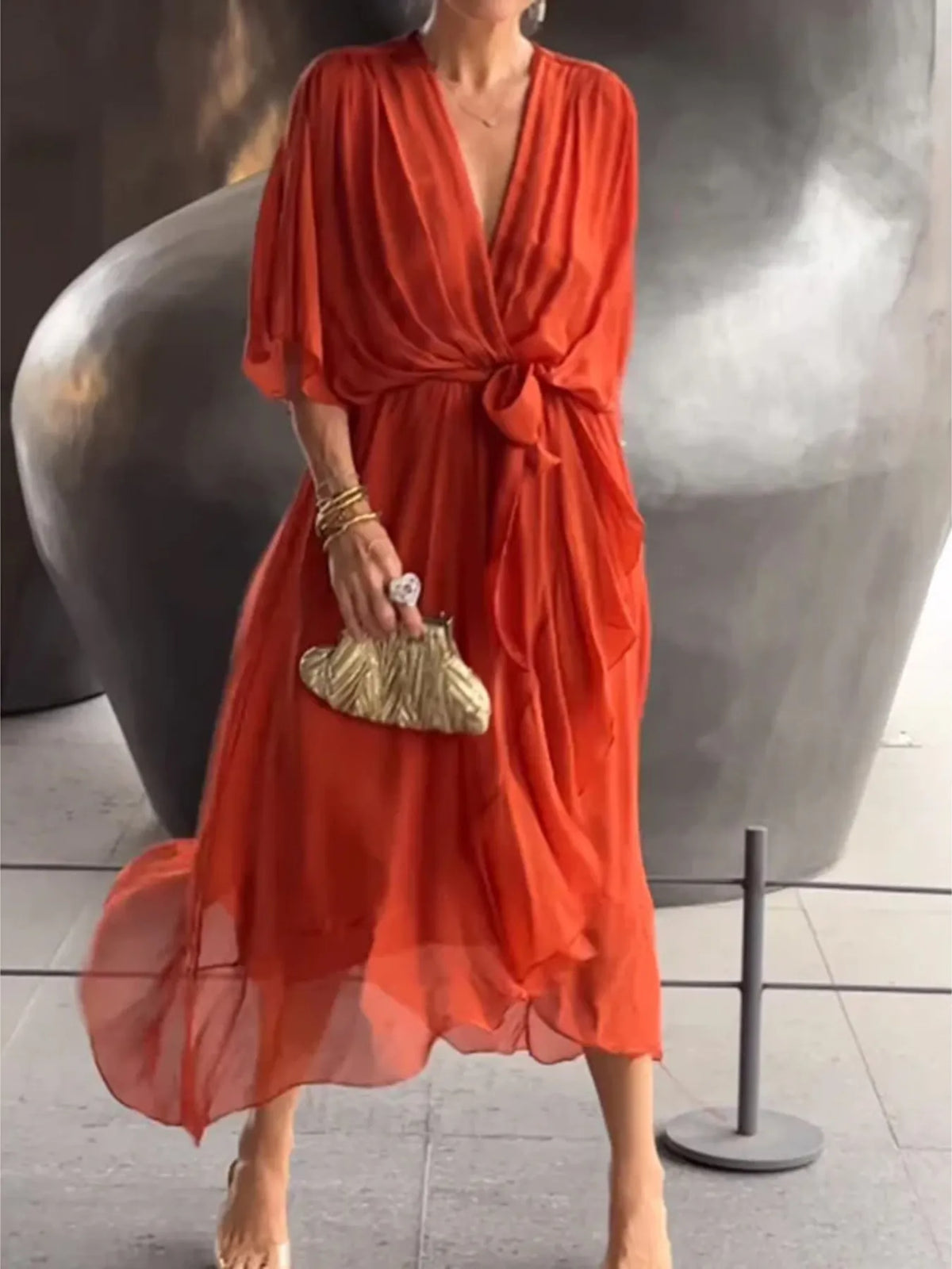 Full Size Flowy Tie Front Midi Dress with Flutter Sleeves Plus Size - Draped in Grace