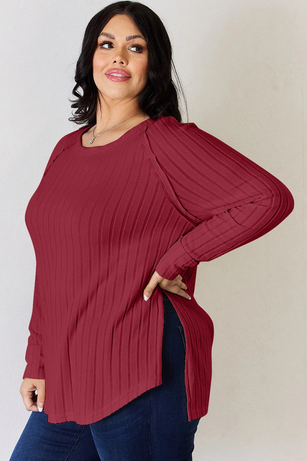 Basic Bae Full Size Ribbed Round Neck Slit T-Shirt - Draped in Grace