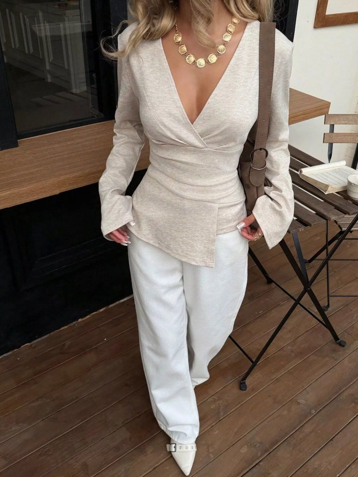Wrap-Front Long Sleeve T-Shirt - Draped in Grace