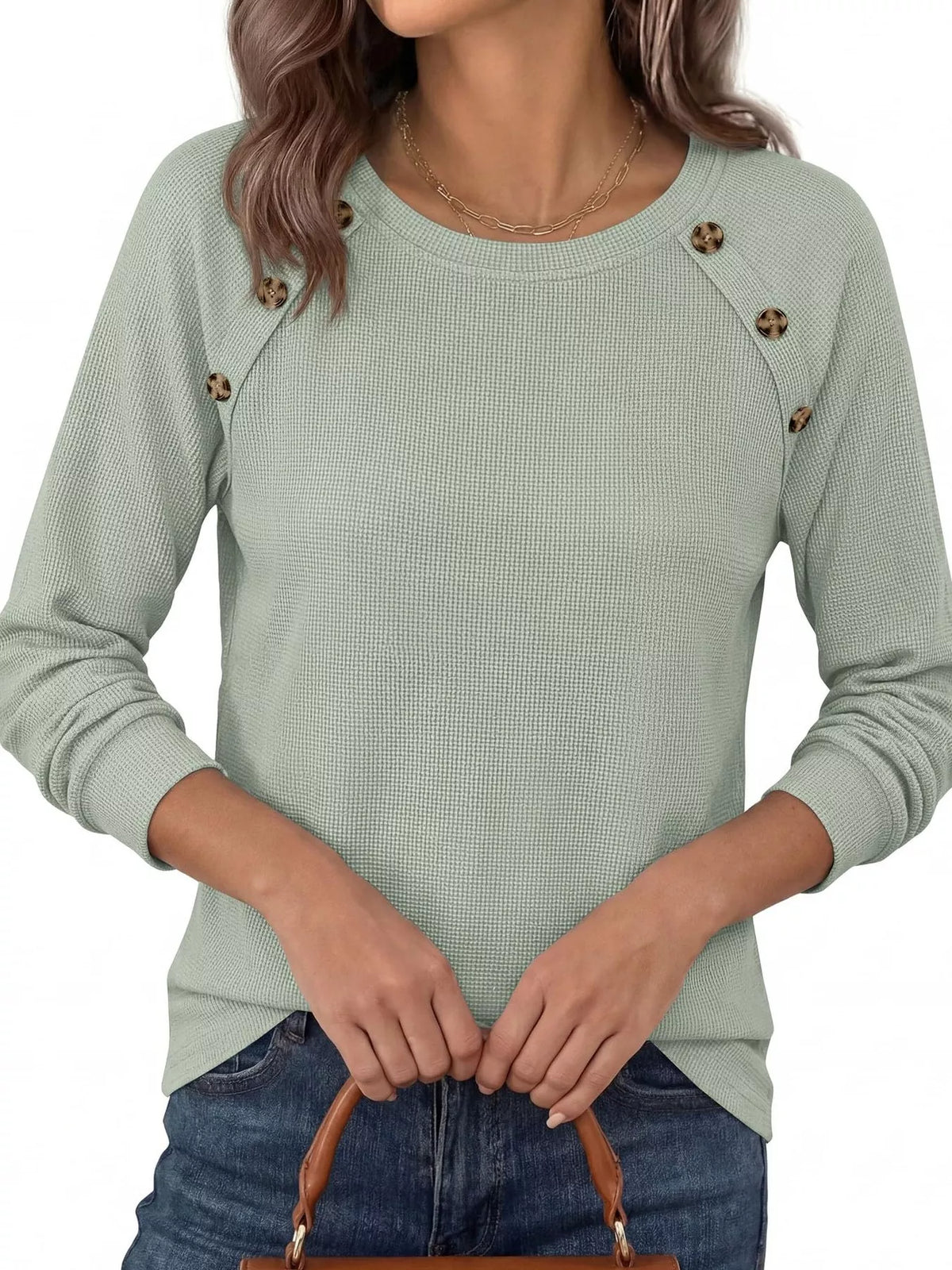 Decorative Button Waffle Knit Long Sleeve T-Shirt - Draped in Grace