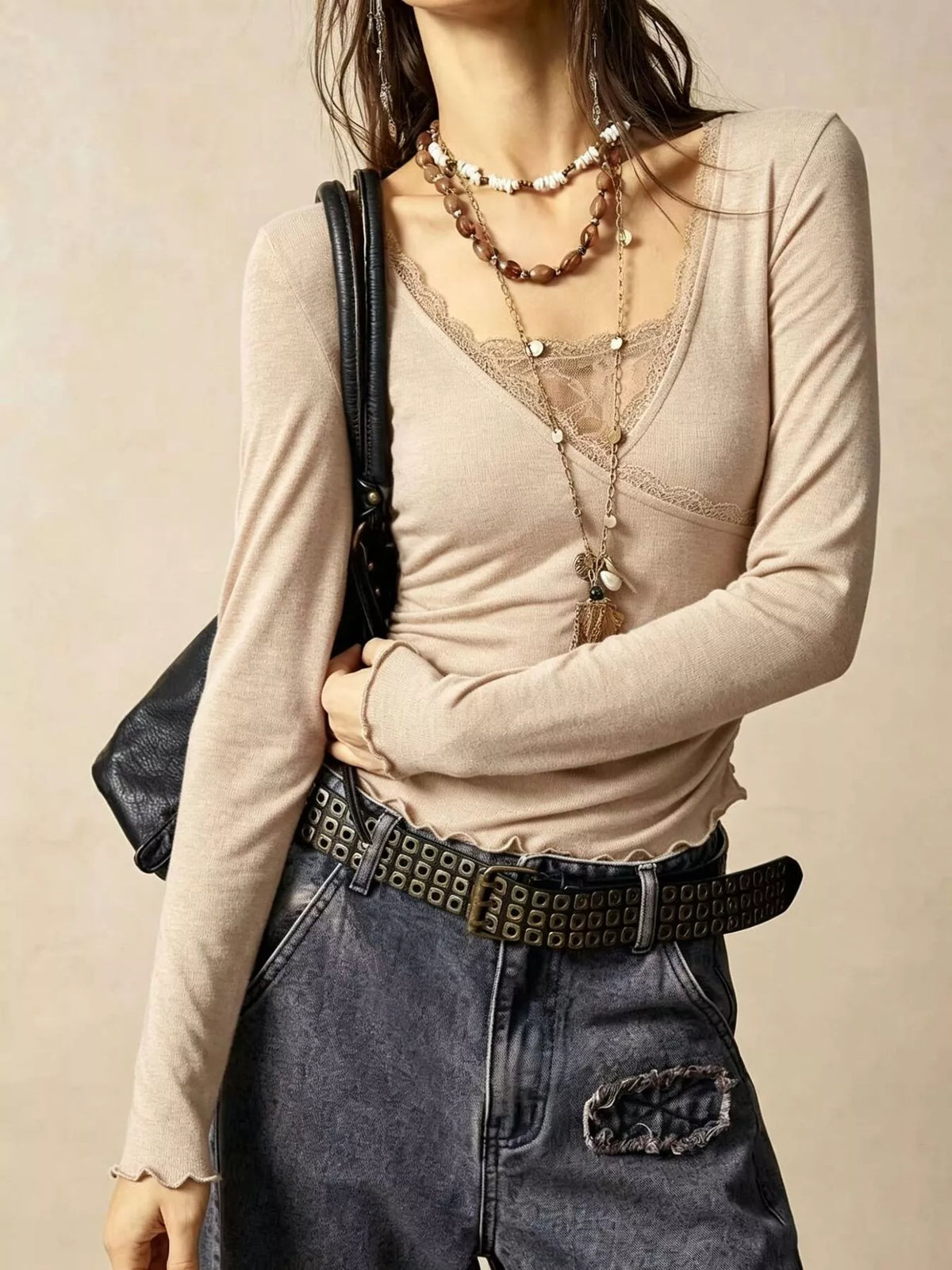 Lace Detail Long Sleeve T-Shirt - Draped in Grace