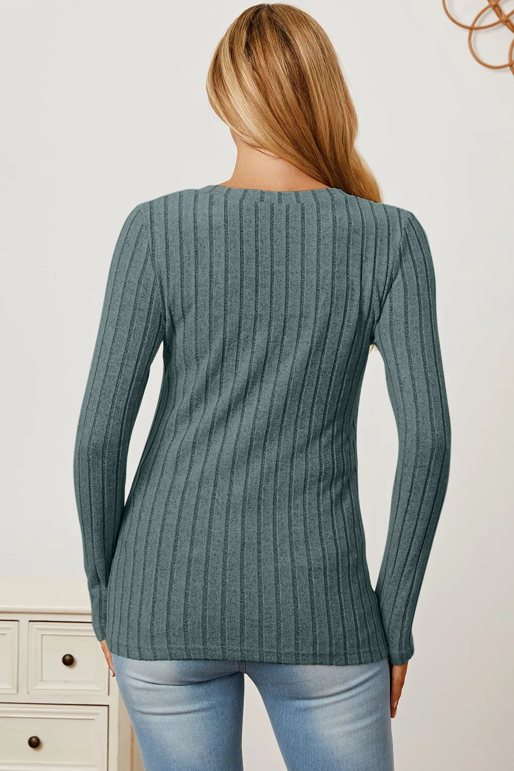 Basic Bae Full Size Ribbed V-Neck Long Sleeve T-Shirt - Draped in Grace