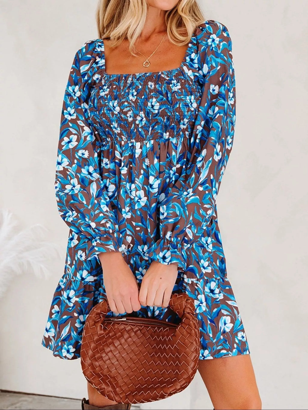 Smocked Bodice High Waist Ruffled Sleeve Floral Dress - Draped in Grace