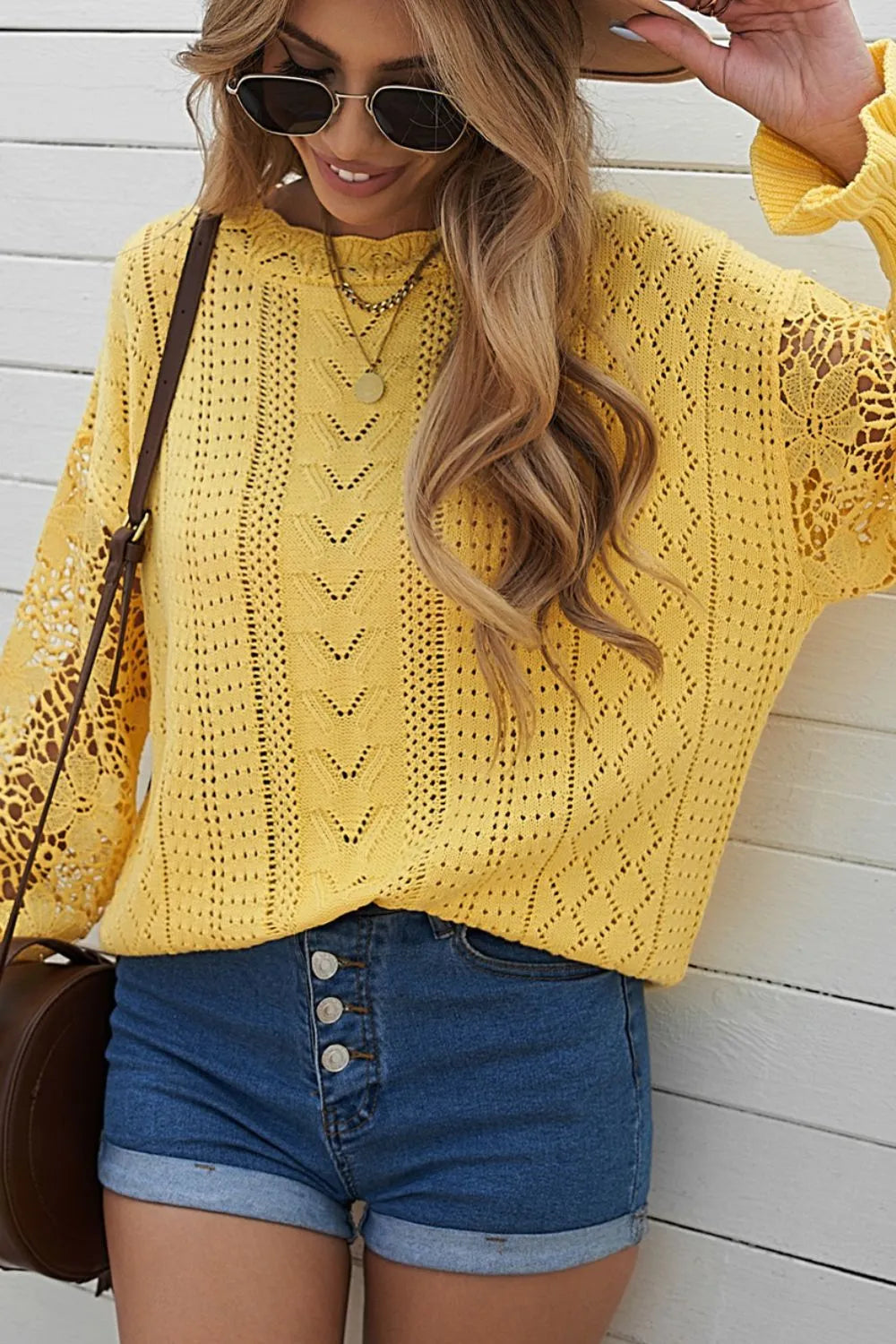 Openwork Round Neck Long Sleeve Sweater - Draped in Grace