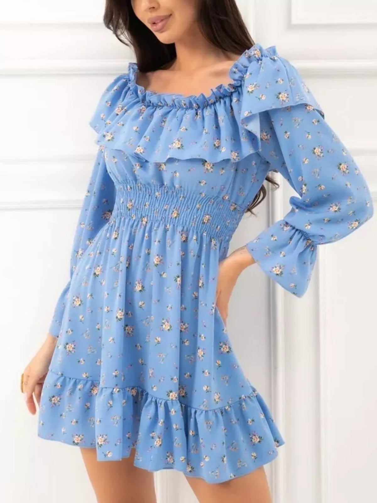 Off-Shoulder Floral Print Ruffle Dress - Draped in Grace