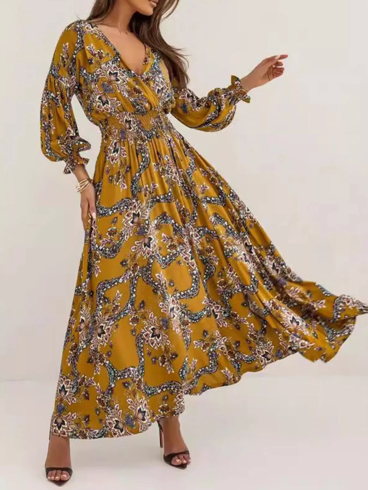 Bohemian Printed Maxi Dress with Plunging Neckline - Draped in Grace