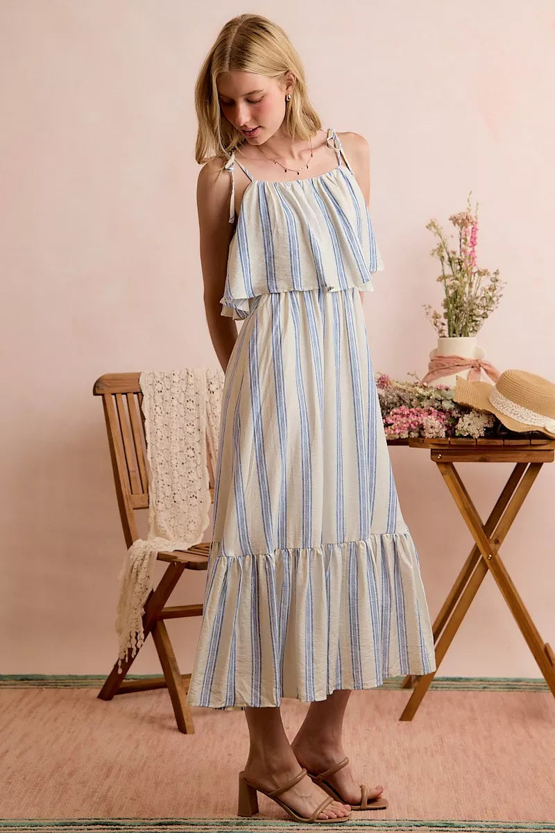 SO ME Stripe Tiered Shoulder Tie Midi Lined Dress - Draped in Grace