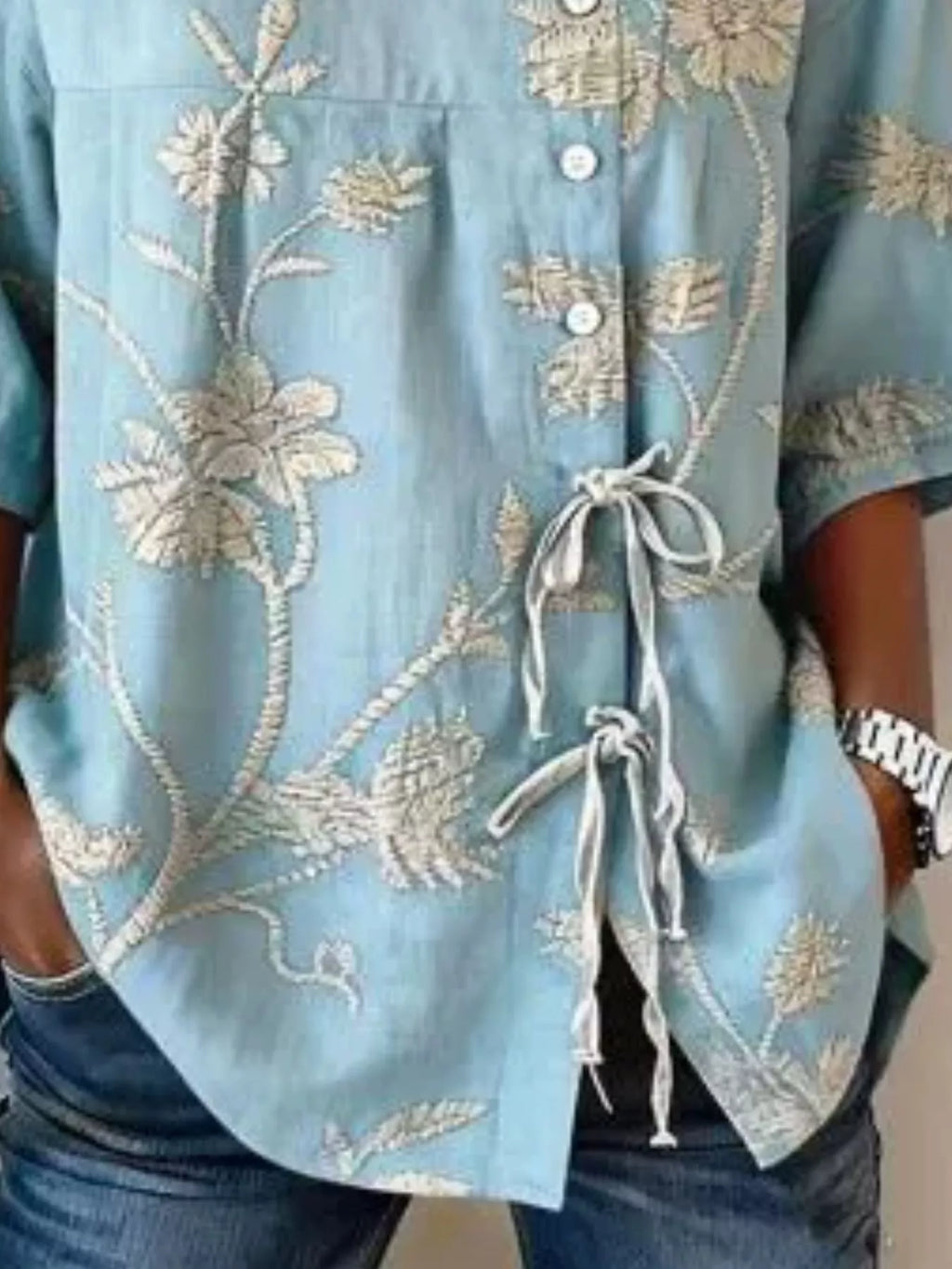 Full Size Embroidered Floral Tie Front Shirt Plus Size - Draped in Grace