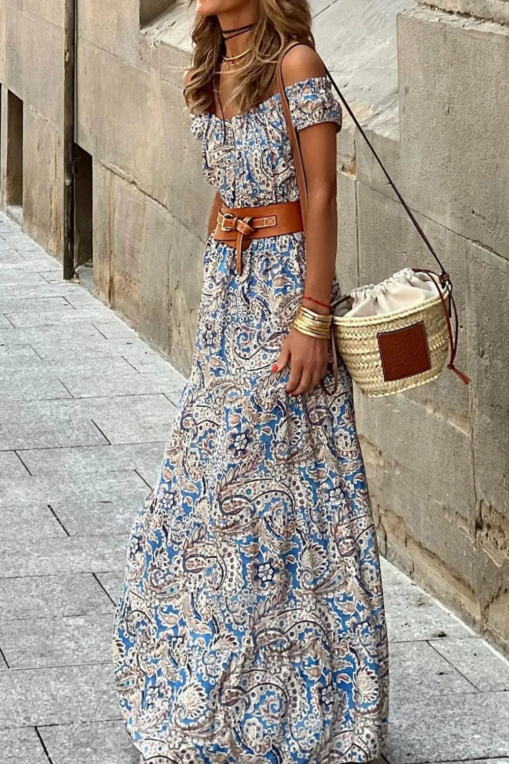 Boho Paisley Print Off Shoulder Maxi Dress - Draped in Grace