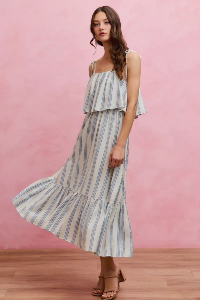 SO ME Stripe Tiered Shoulder Tie Midi Lined Dress - Draped in Grace