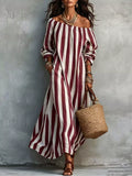 Off-Shoulder Striped Dress with Pockets - Draped in Grace