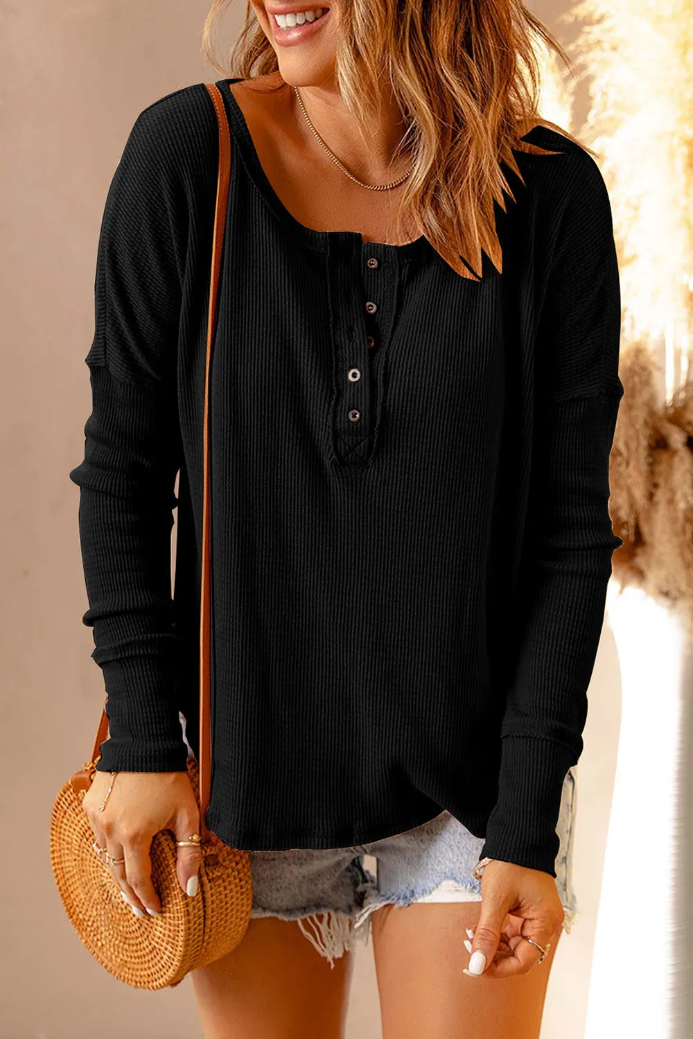 Double Take Full Size Half Button Drop Shoulder T-Shirt - Draped in Grace