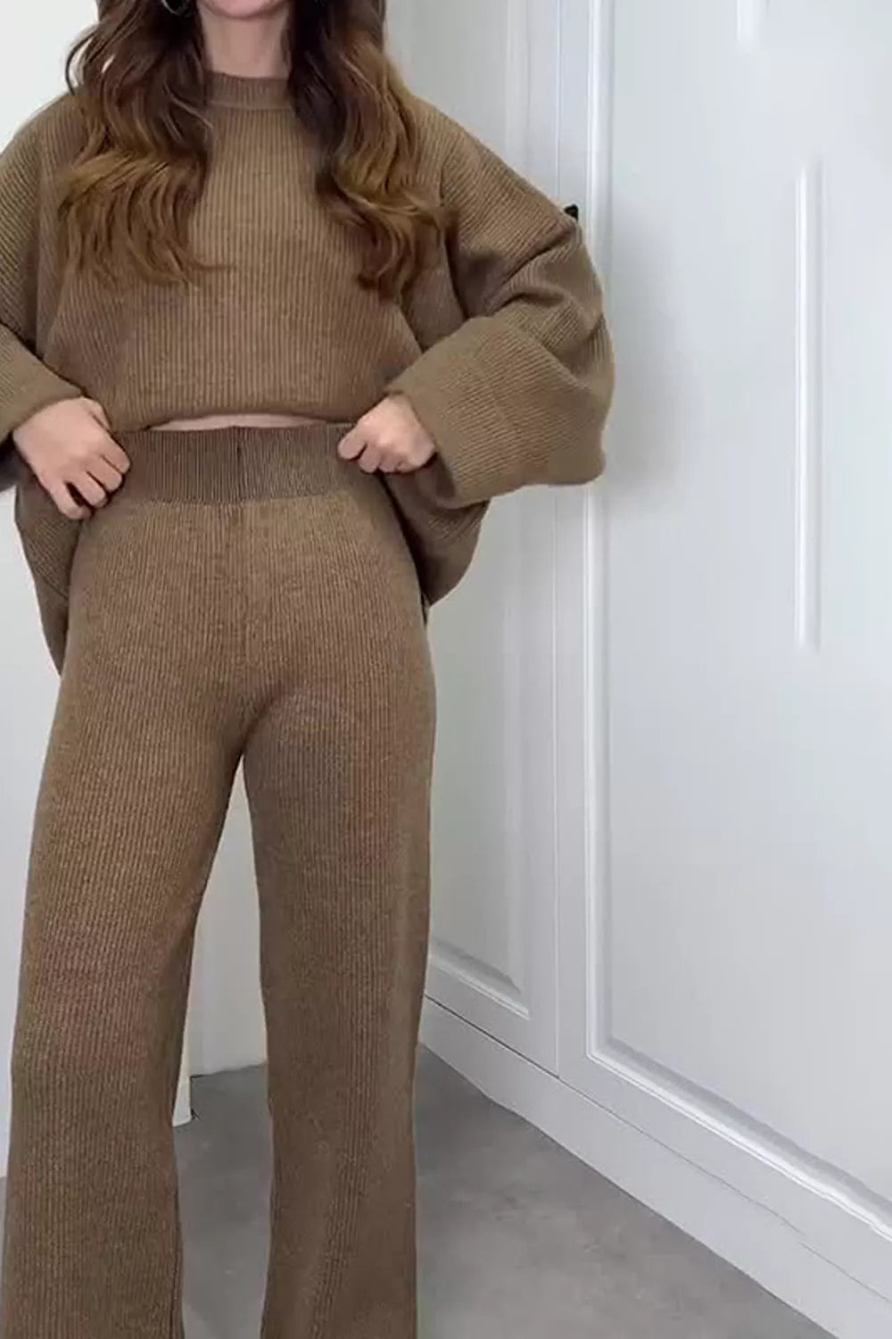 Dropped Shoulder Knit Sweater and Wide Leg Pants Set - Draped in Grace