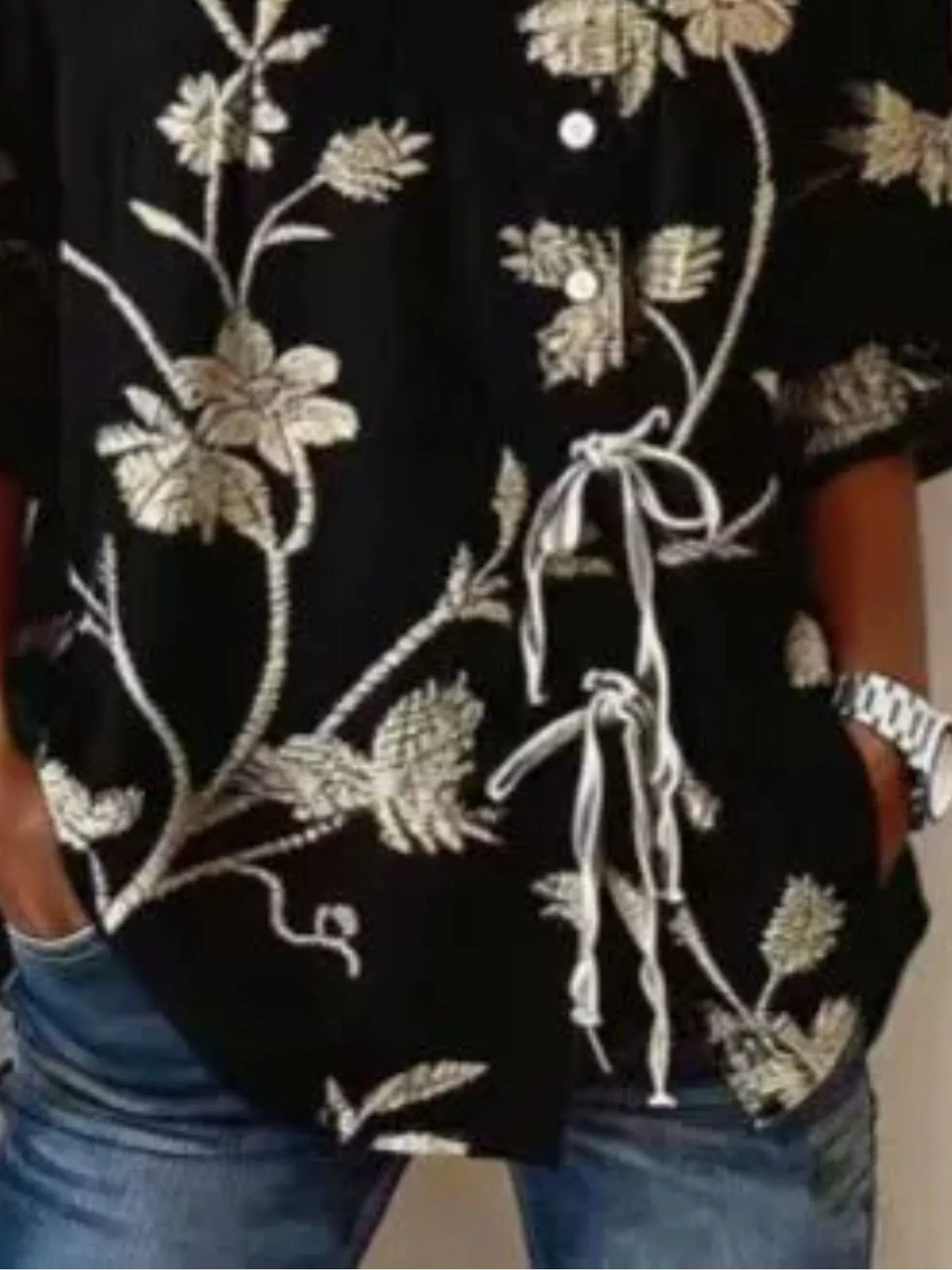 Full Size Embroidered Floral Tie Front Shirt Plus Size - Draped in Grace