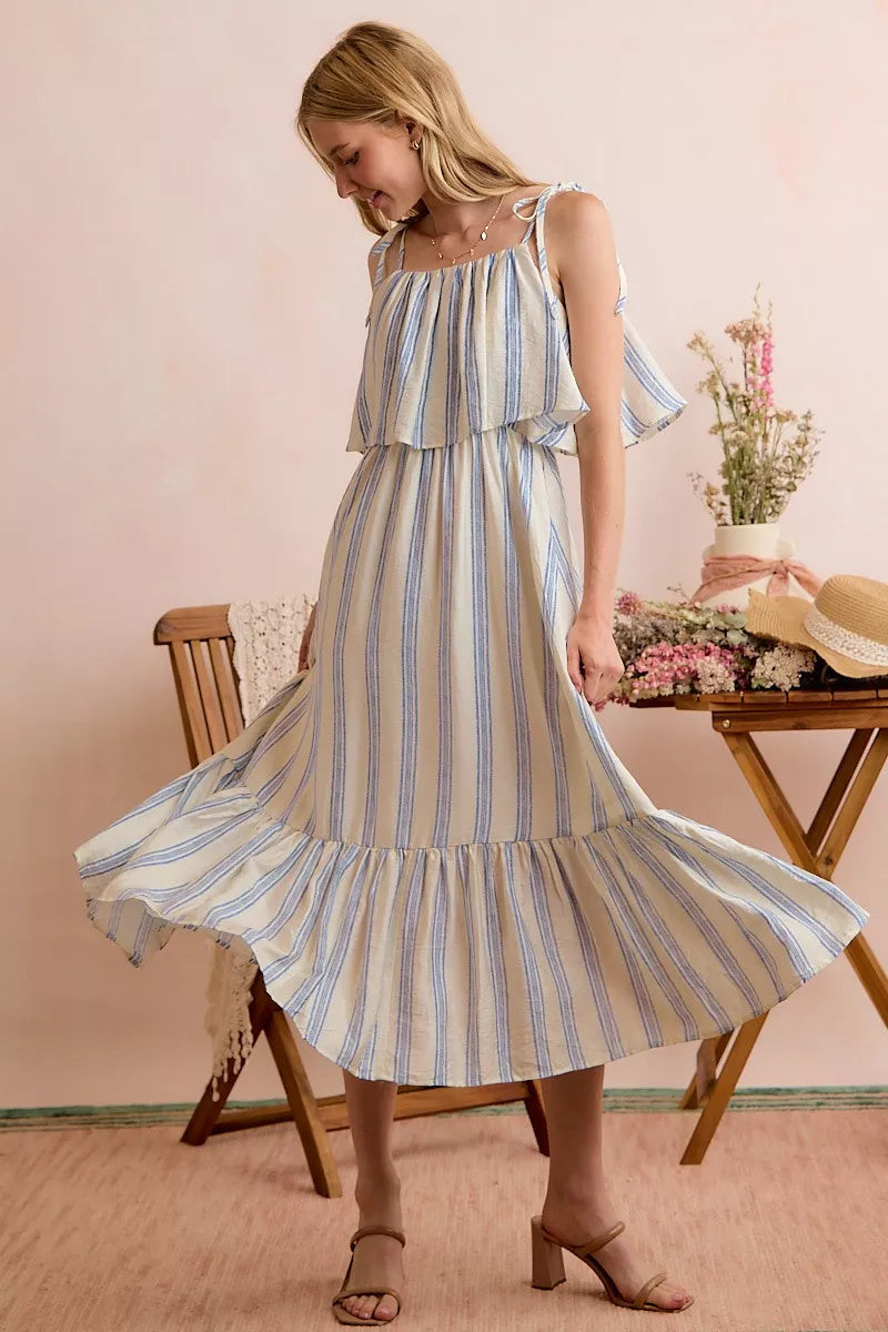 SO ME Stripe Tiered Shoulder Tie Midi Lined Dress - Draped in Grace