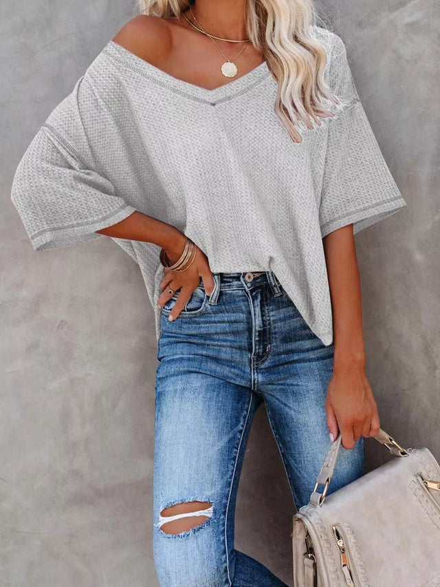 Waffle Knit V-Neck Short Sleeve T-Shirt - Draped in Grace